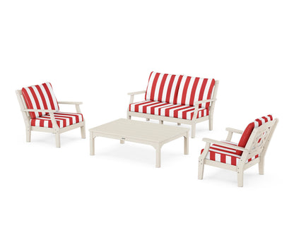 Martha Stewart by POLYWOOD® Chinoiserie 4-Piece Deep Seating Set with Loveseat in Sand / Cabana Stripe Crimson