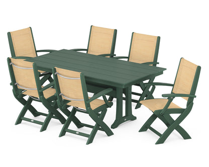 POLYWOOD® Coastal Folding Arm Chair 7-Piece Farmhouse Dining Set with Trestle Legs in Green / Dupioni Apricot Sling