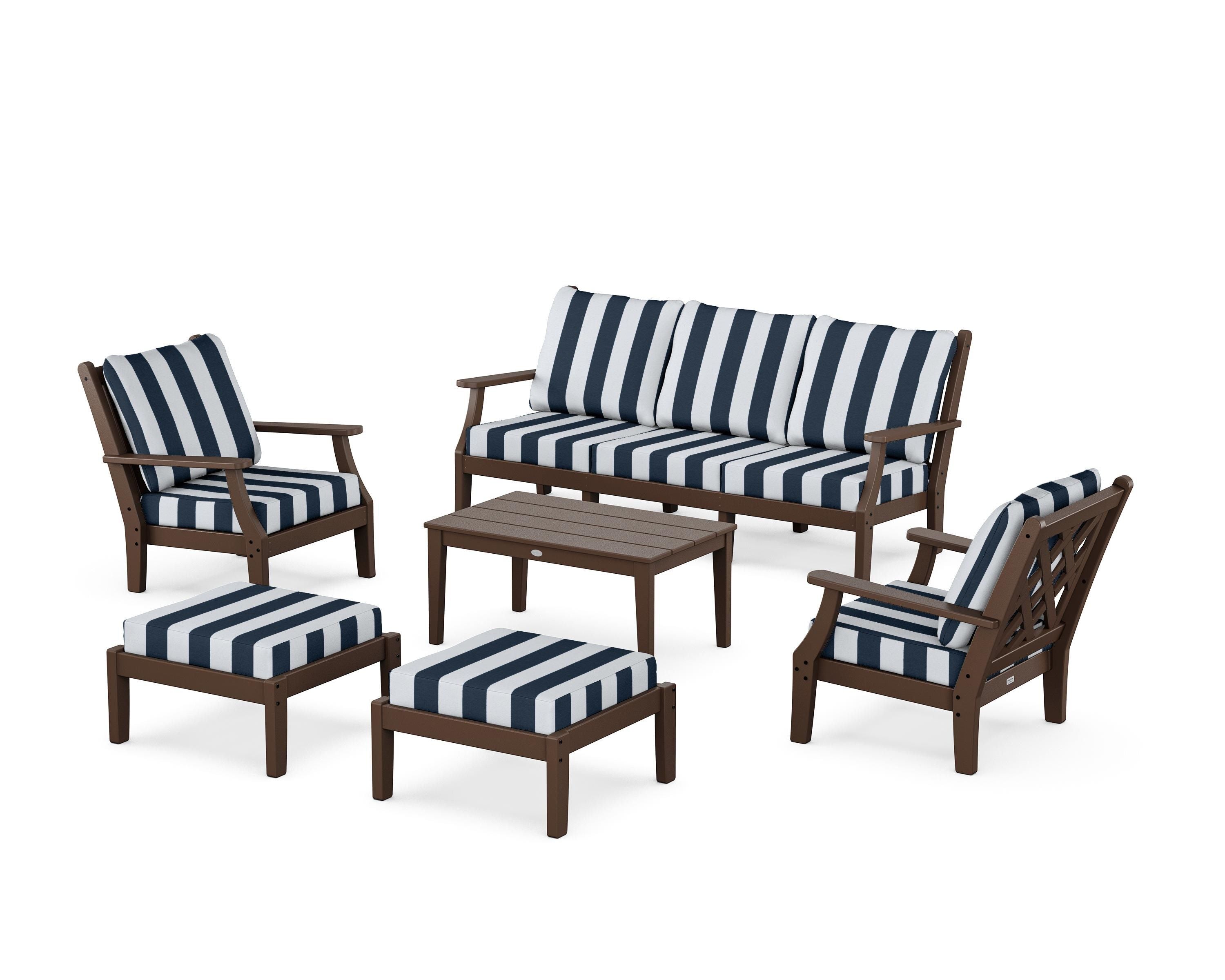 Country Living Wovendale 6-Piece Lounge Sofa Set in Mahogany / Cabana Stripe Marine Indigo