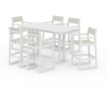 POLYWOOD® EDGE Sling Arm Chair 7-Piece Farmhouse Bar Set with Trestle Legs in White / Parchment Sling