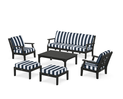 Martha Stewart by POLYWOOD® Chinoiserie 6-Piece Lounge Sofa Set in Black / Cabana Stripe Marine Indigo