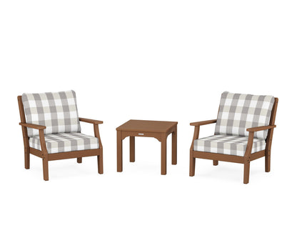 Martha Stewart by POLYWOOD® Chinoiserie 3-Piece Deep Seating Set in Teak / Buffalo Plaid Grey Mist