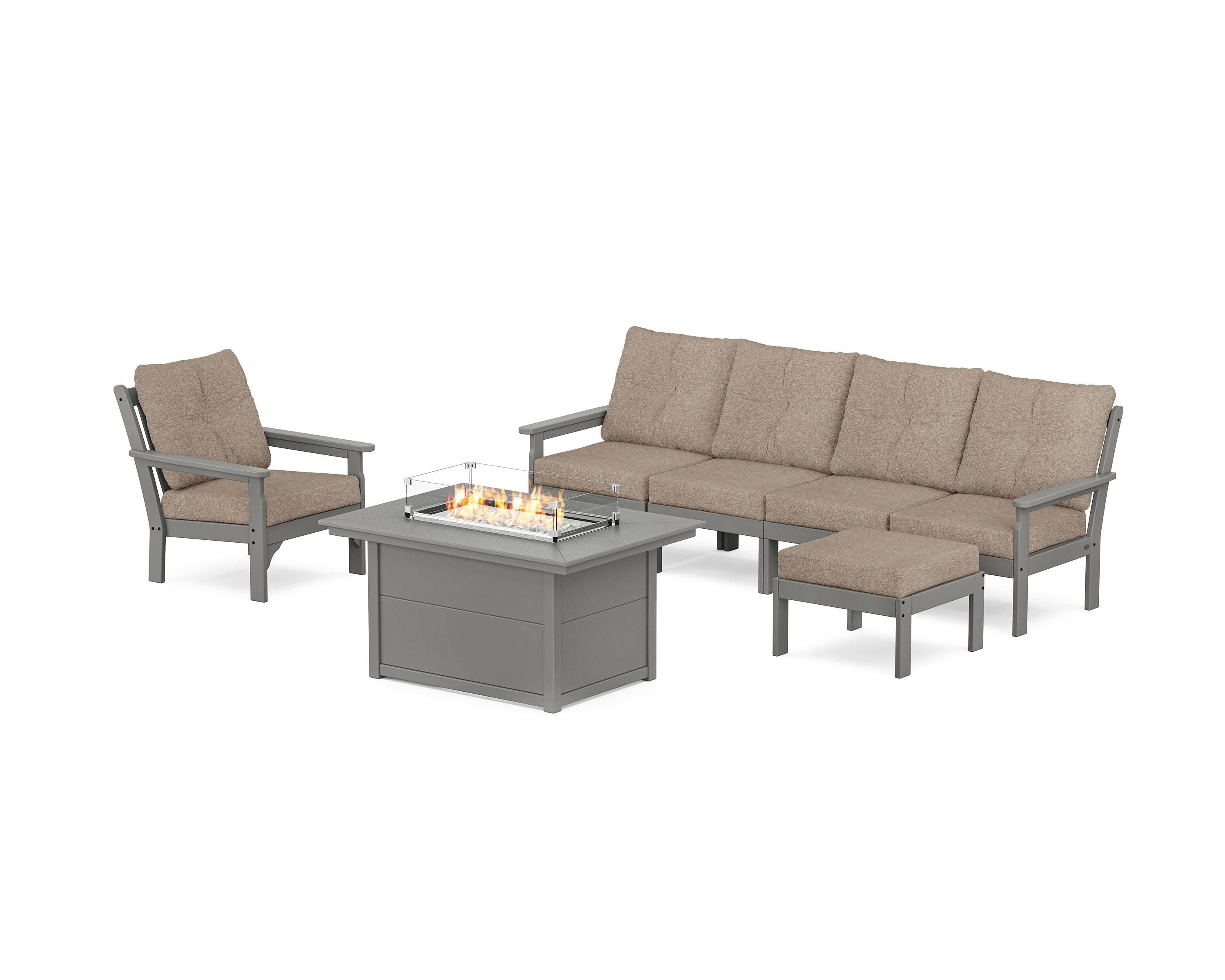 POLYWOOD® Vineyard Sectional Lounge and Fire Pit Set in Slate Grey / Spiced Burlap