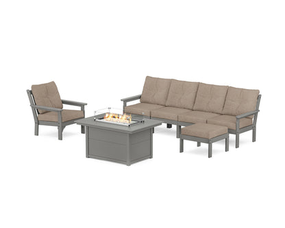 POLYWOOD® Vineyard Sectional Lounge and Fire Pit Set in Slate Grey / Spiced Burlap