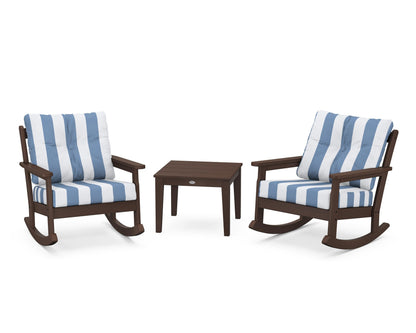 POLYWOOD® Vineyard 3-Piece Deep Seating Rocker Set in Mahogany / Cabana Stripe Sky Blue