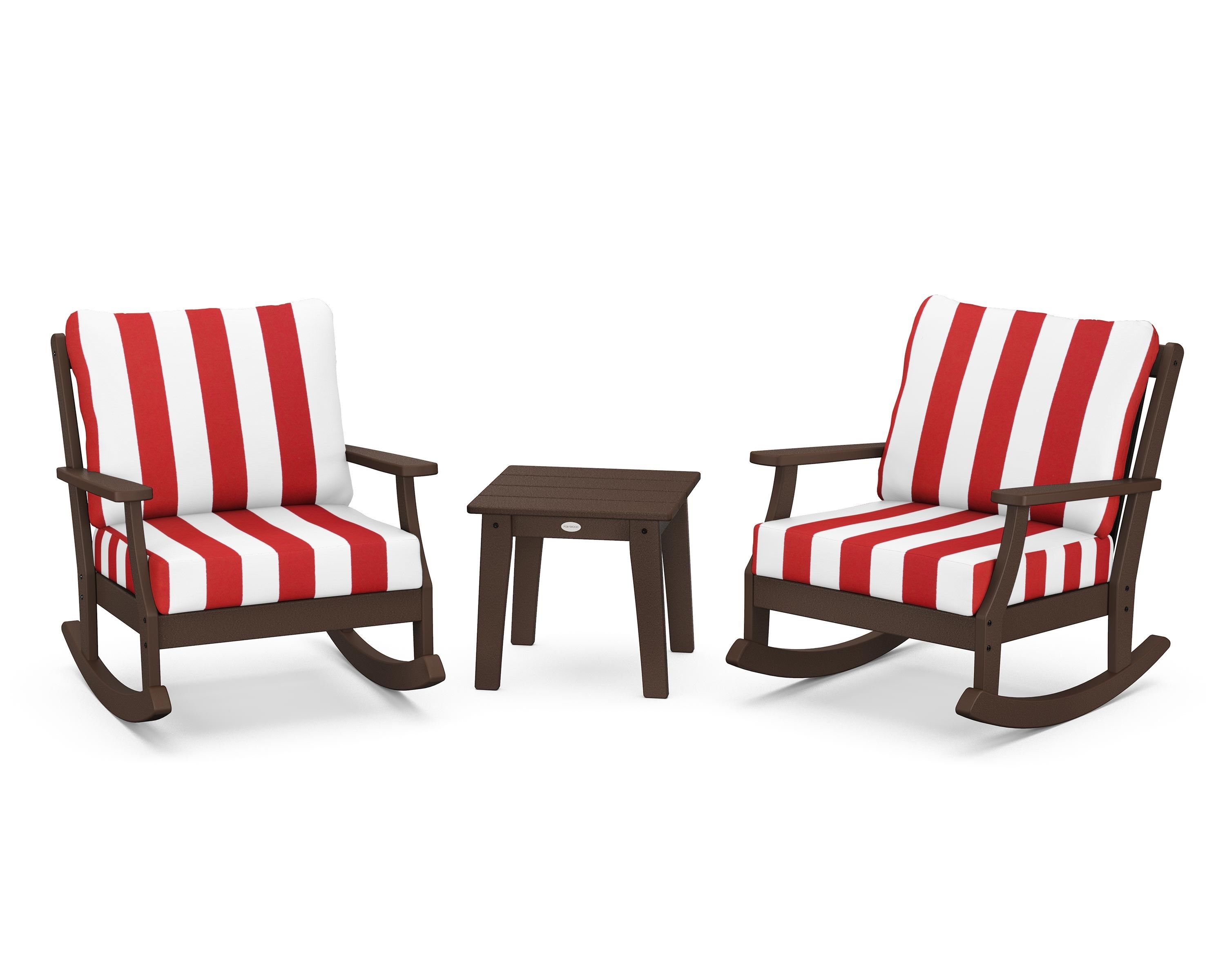 POLYWOOD® Braxton 3-Piece Deep Seating Rocker Set in Mahogany / Cabana Stripe Crimson
