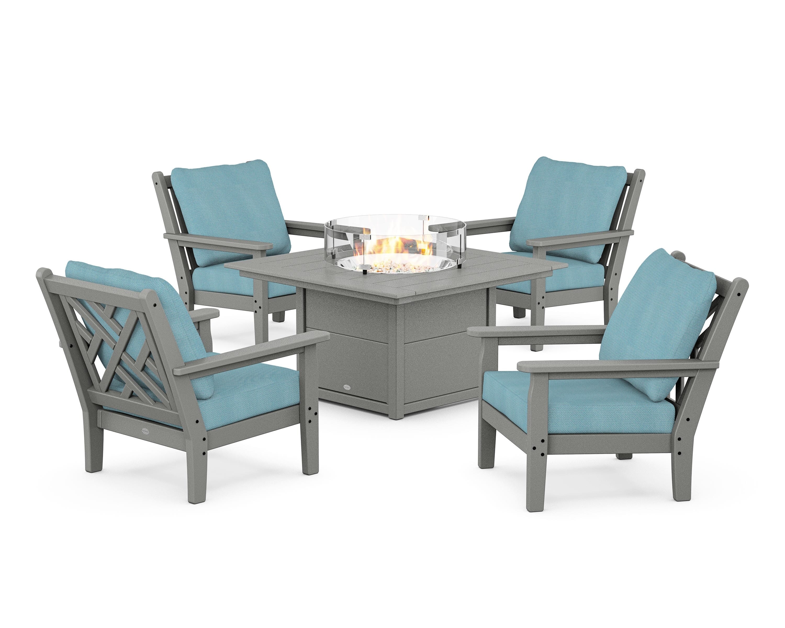 POLYWOOD® Chippendale 5-Piece Deep Seating Set with Fire Pit Table in Slate Grey / Lattice Sky Blue