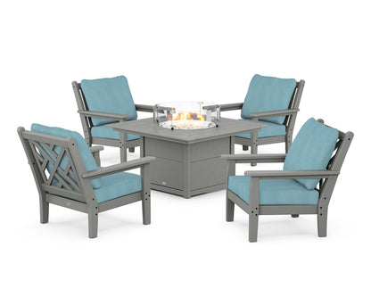 POLYWOOD® Chippendale 5-Piece Deep Seating Set with Fire Pit Table in Slate Grey / Lattice Sky Blue