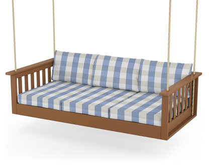 POLYWOOD® Vineyard Daybed Swing in Teak / Buffalo Plaid Sky Blue
