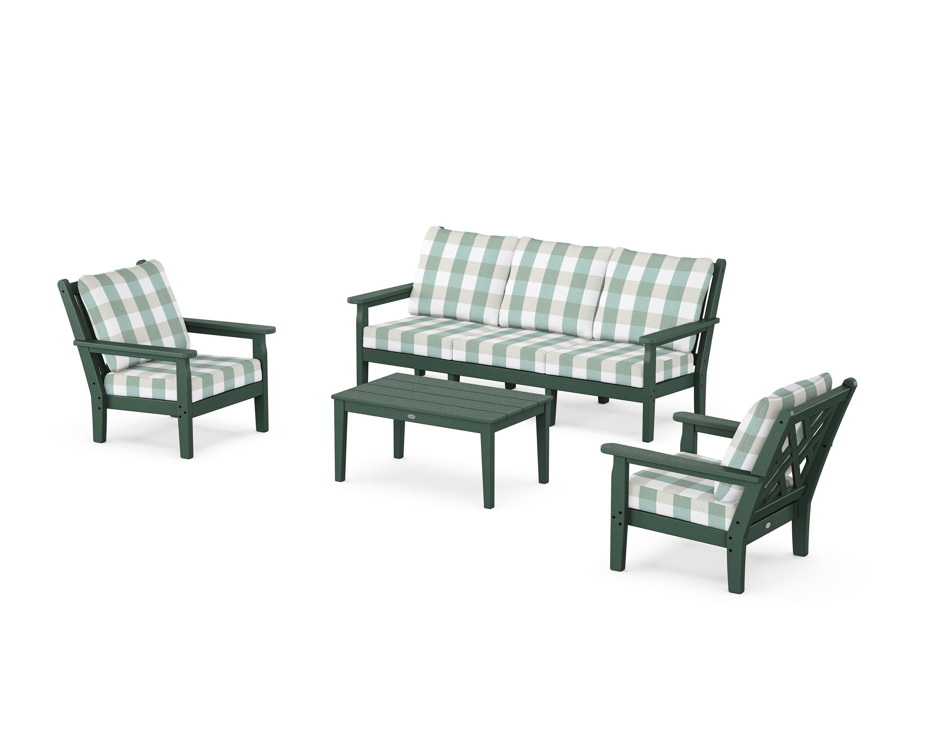 POLYWOOD® Chippendale 4-Piece Deep Seating Set with Sofa in Green / Buffalo Plaid Glacier Spa