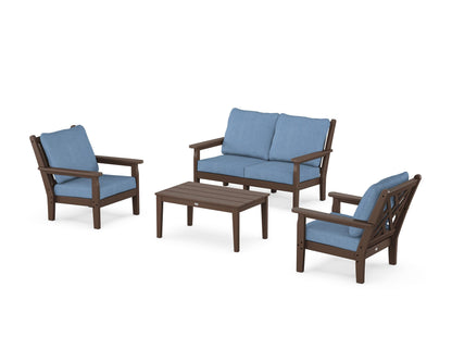 POLYWOOD® Chippendale 4-Piece Deep Seating Set with Loveseat in Mahogany / Sky Blue