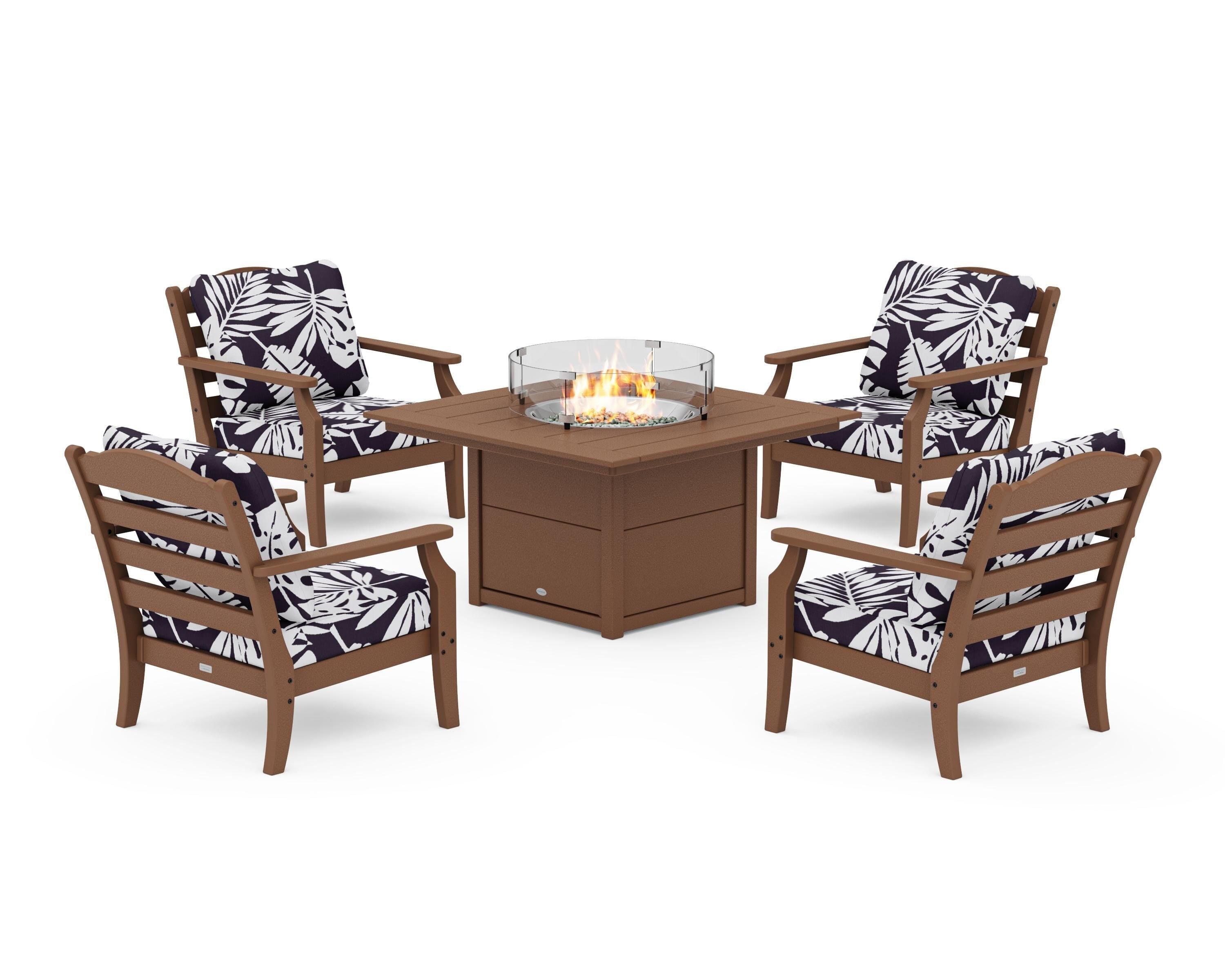 Draper James™ by  POLYWOOD® Savannah 5-Piece Deep Seating Set with Fire Pit Table in Teak / Leaf Navy