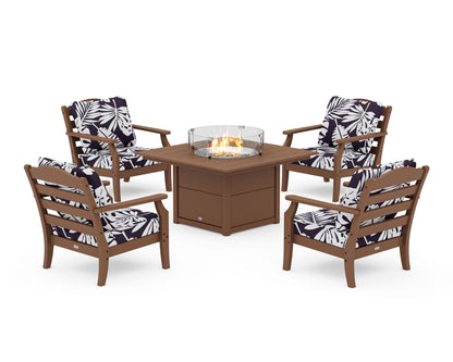 Draper James™ by  POLYWOOD® Savannah 5-Piece Deep Seating Set with Fire Pit Table in Teak / Leaf Navy