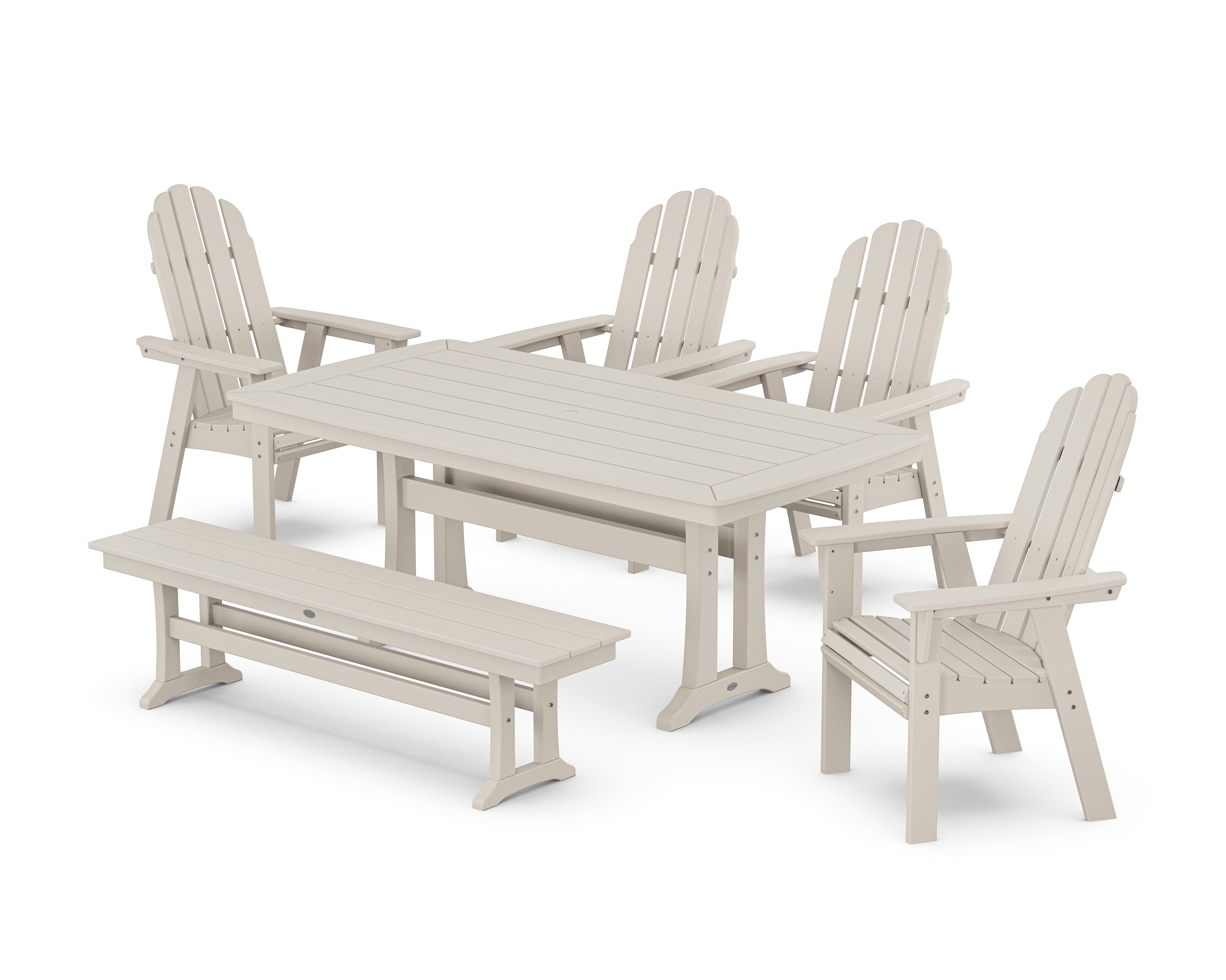 POLYWOOD® Vineyard Curveback Adirondack Chair 6-Piece Dining Set with Trestle Legs and Bench in Sand