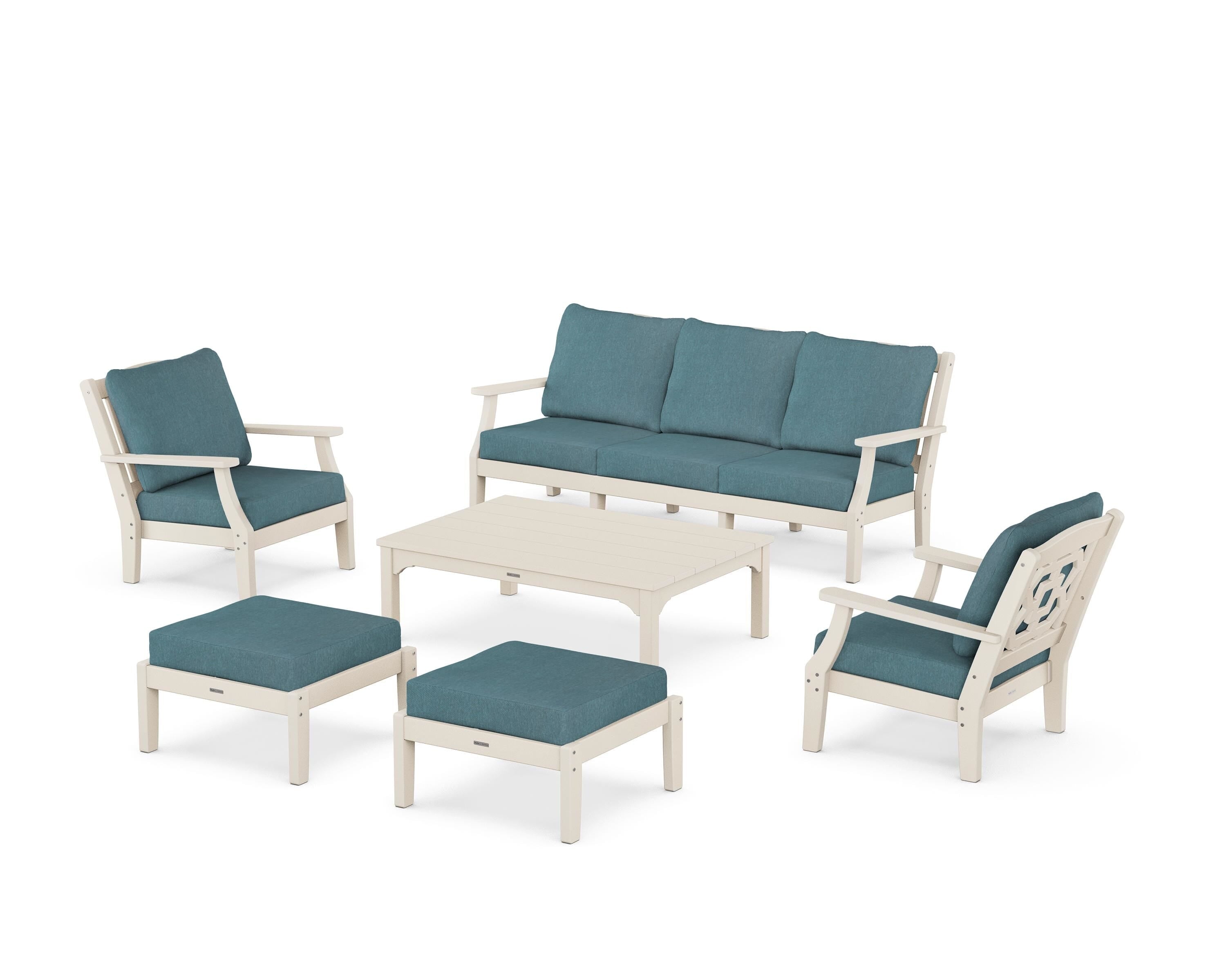 Martha Stewart by POLYWOOD® Chinoiserie 6-Piece Lounge Sofa Set in Sand / Ocean Teal