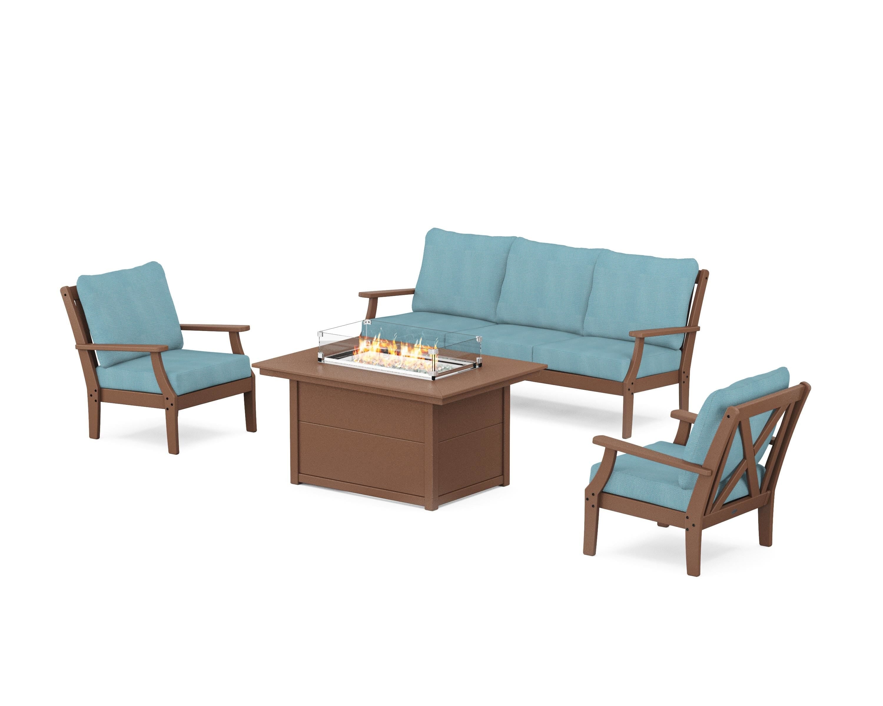 POLYWOOD® Braxton Deep Seating Fire Pit Table Set in Teak / Lattice Sky Blue