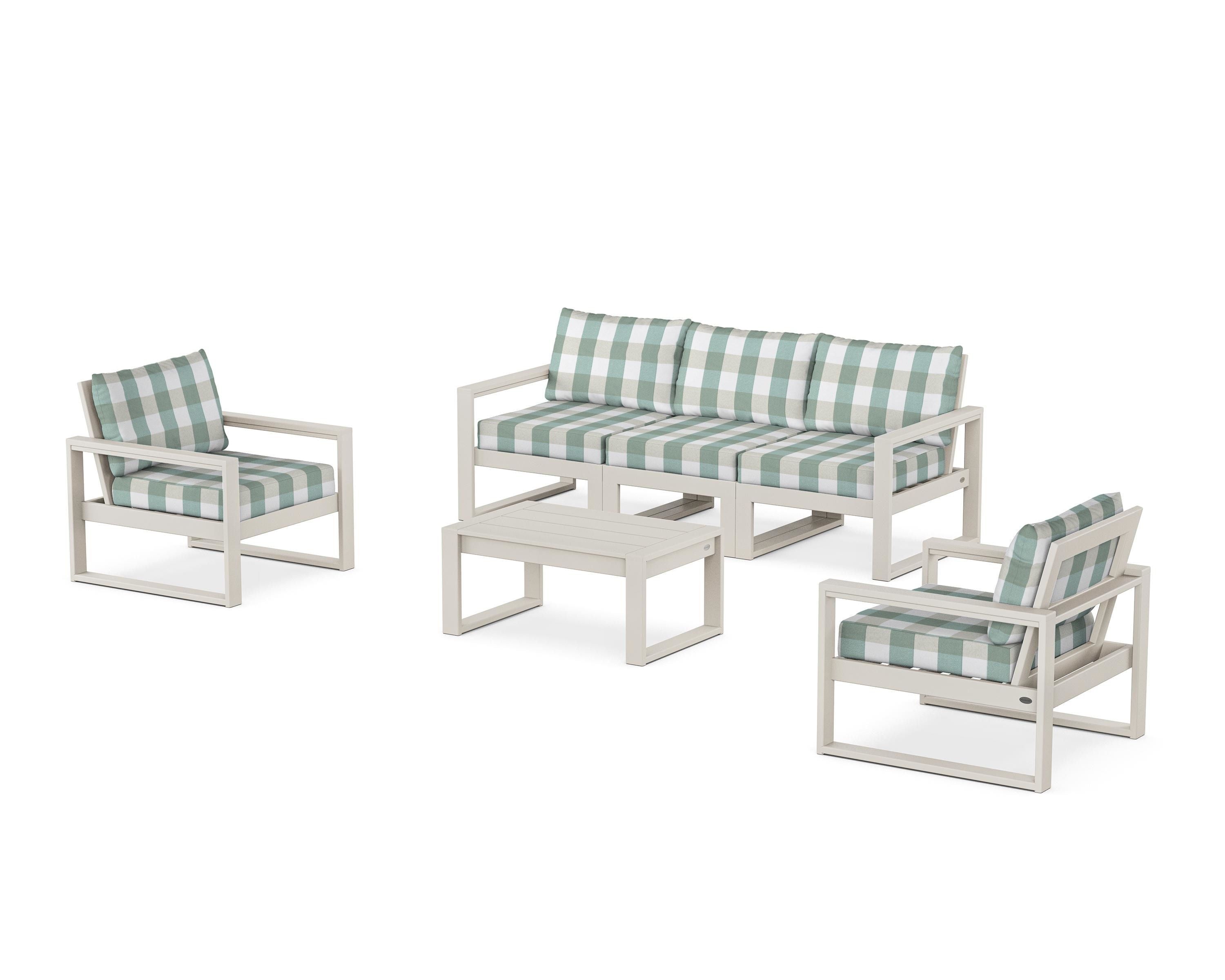 POLYWOOD® EDGE Sectional 4-Piece Deep Seating Set with Sofa in Sand / Buffalo Plaid Glacier Spa