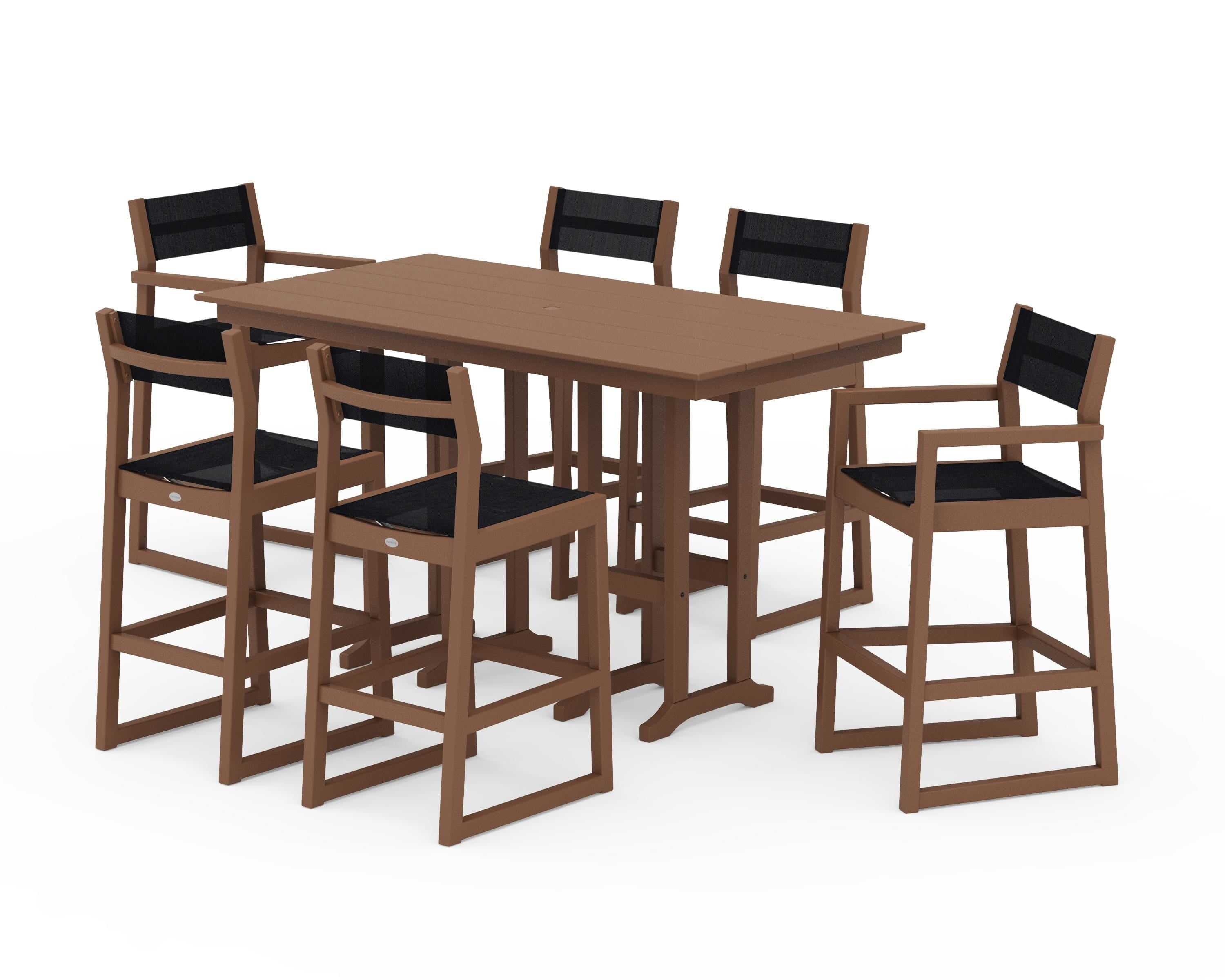 POLYWOOD® EDGE Sling 7-Piece Farmhouse Bar Set in Teak / Black Sling