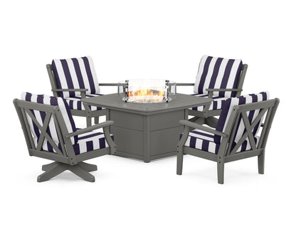 POLYWOOD® Braxton 5-Piece Deep Seating Set with Fire Table in Slate Grey / Cabana Stripe Navy