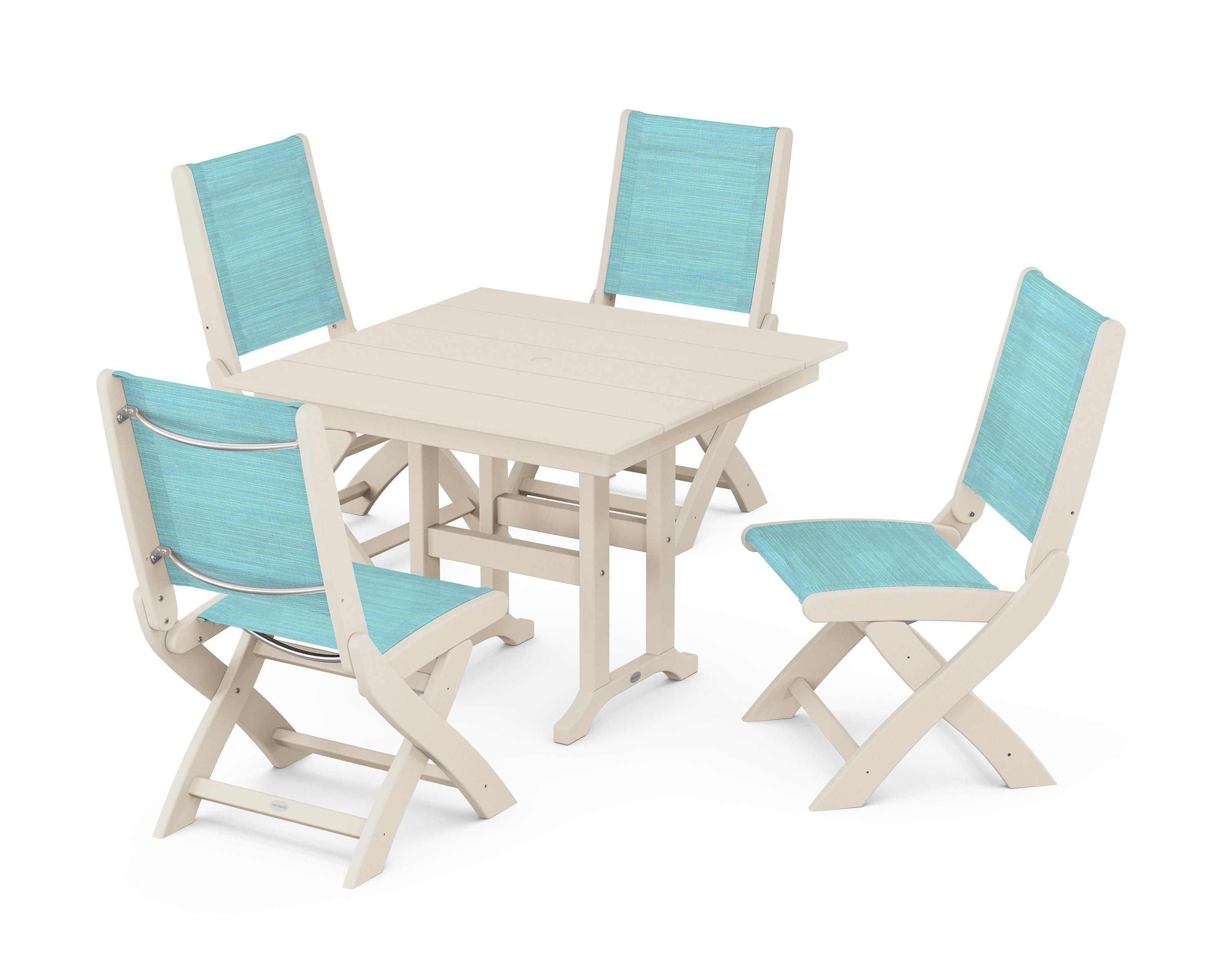 POLYWOOD® Coastal Folding Side Chair 5-Piece Farmhouse Dining Set in Sand / Dupioni Aquamarine Sling