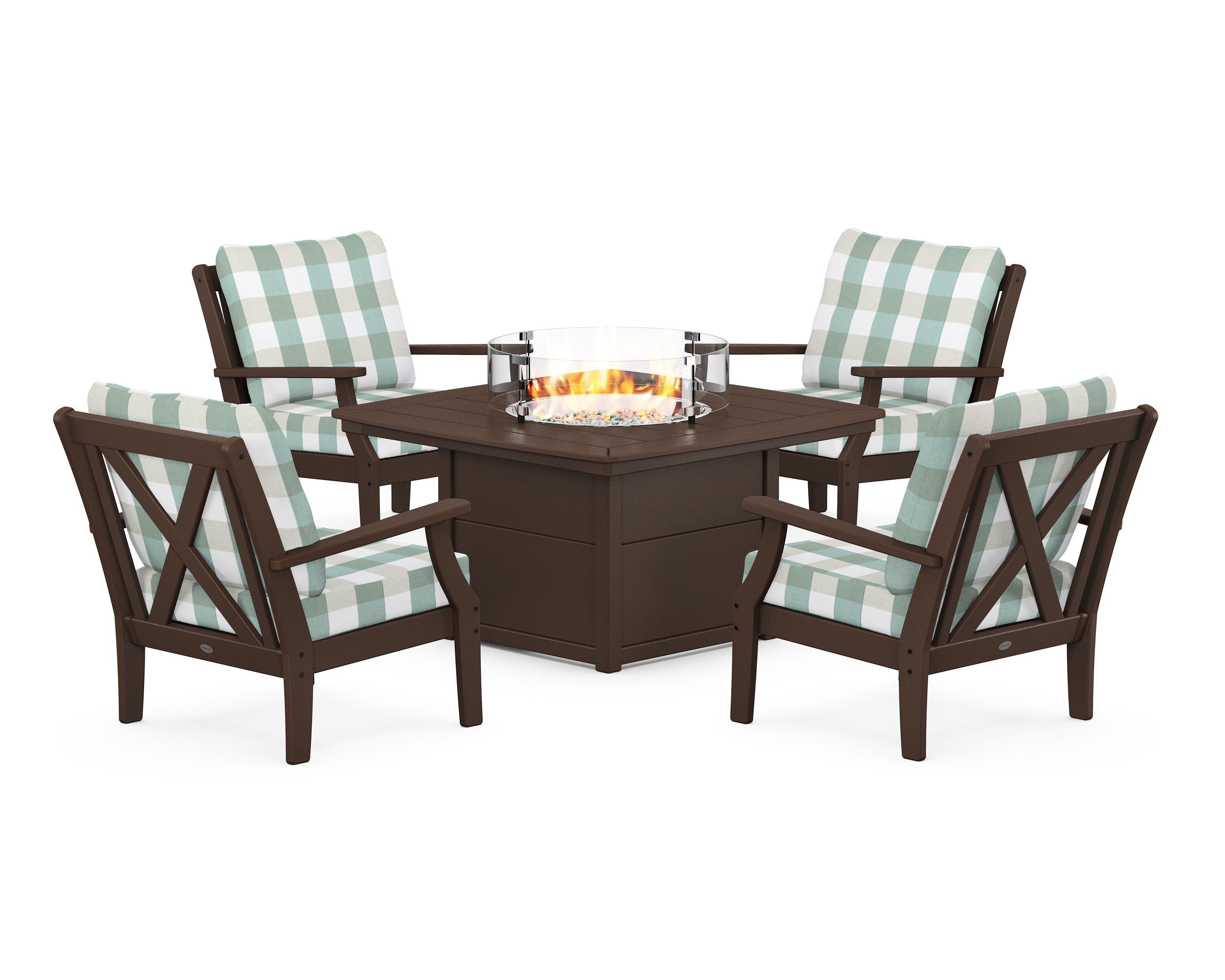 POLYWOOD® Braxton 5-Piece Deep Seating Conversation Set with Fire Pit Table in Mahogany / Buffalo Plaid Glacier Spa