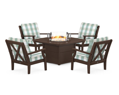 POLYWOOD® Braxton 5-Piece Deep Seating Conversation Set with Fire Pit Table in Mahogany / Buffalo Plaid Glacier Spa