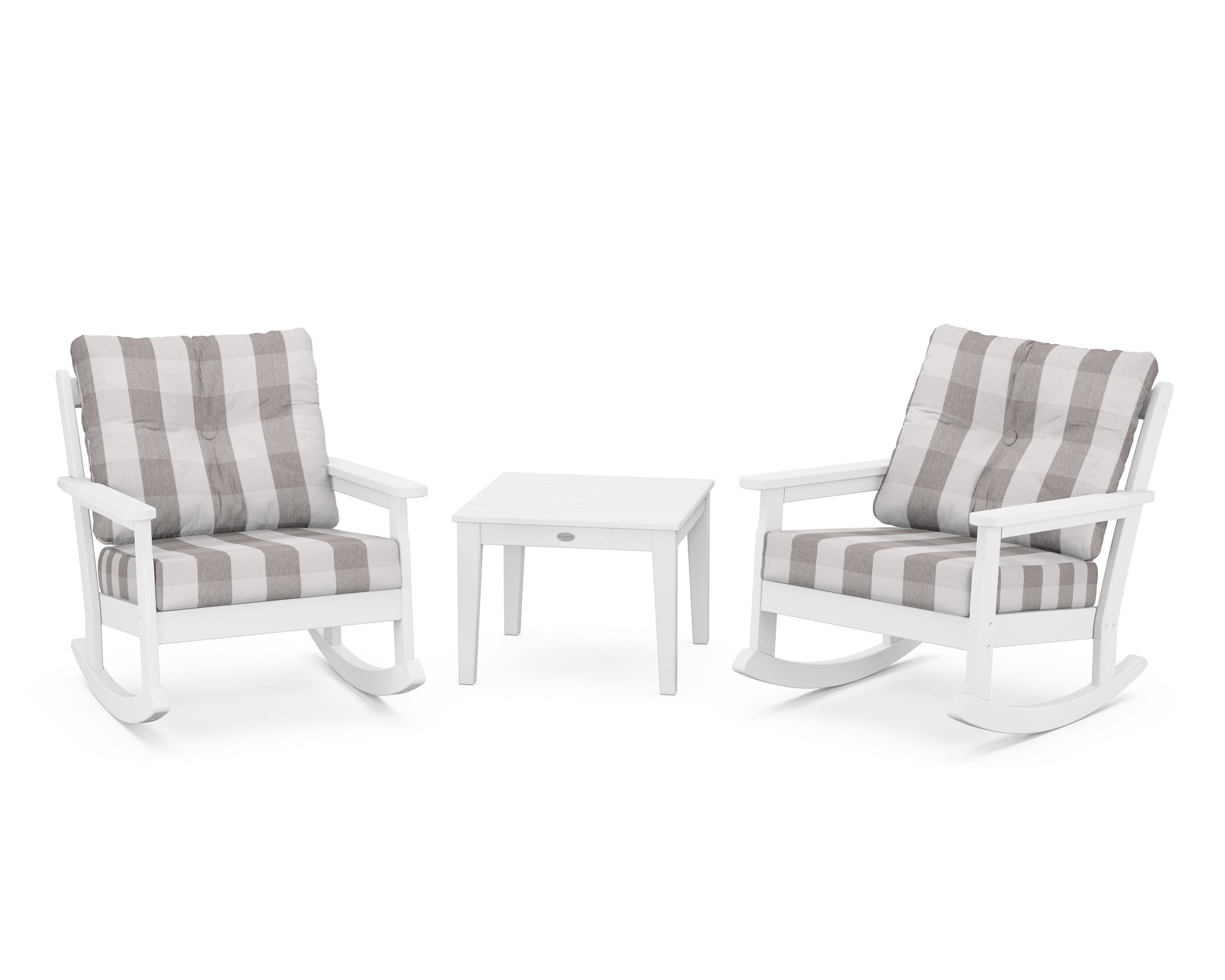 POLYWOOD® Vineyard 3-Piece Deep Seating Rocker Set in White / Buffalo Plaid Grey Mist