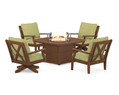 POLYWOOD® Braxton 5-Piece Deep Seating Set with Fire Table in Teak / Chartreuse Boucle