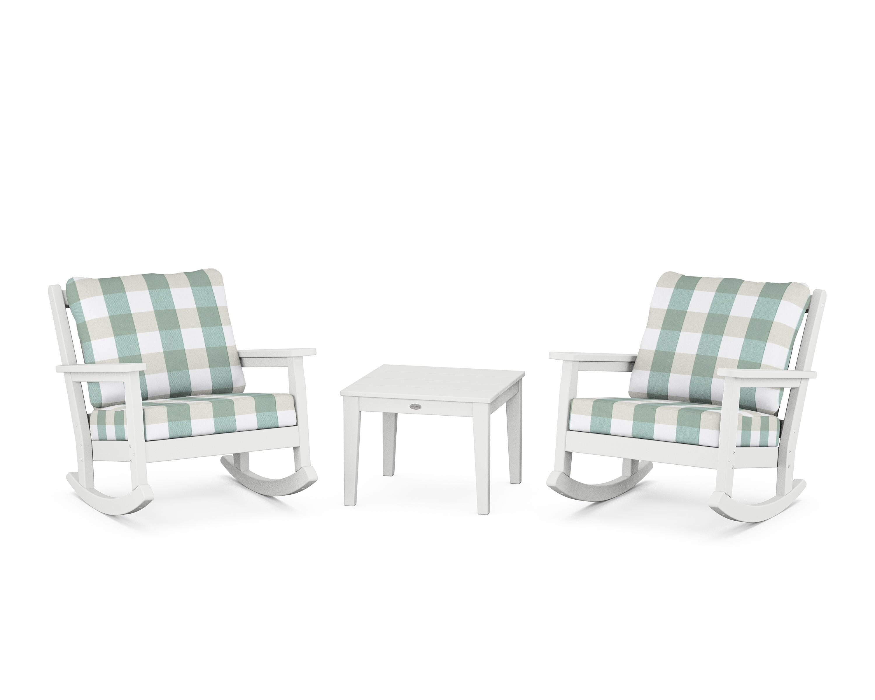 POLYWOOD® Chippendale 3-Piece Deep Seating Rocker Set in White / Buffalo Plaid Glacier Spa