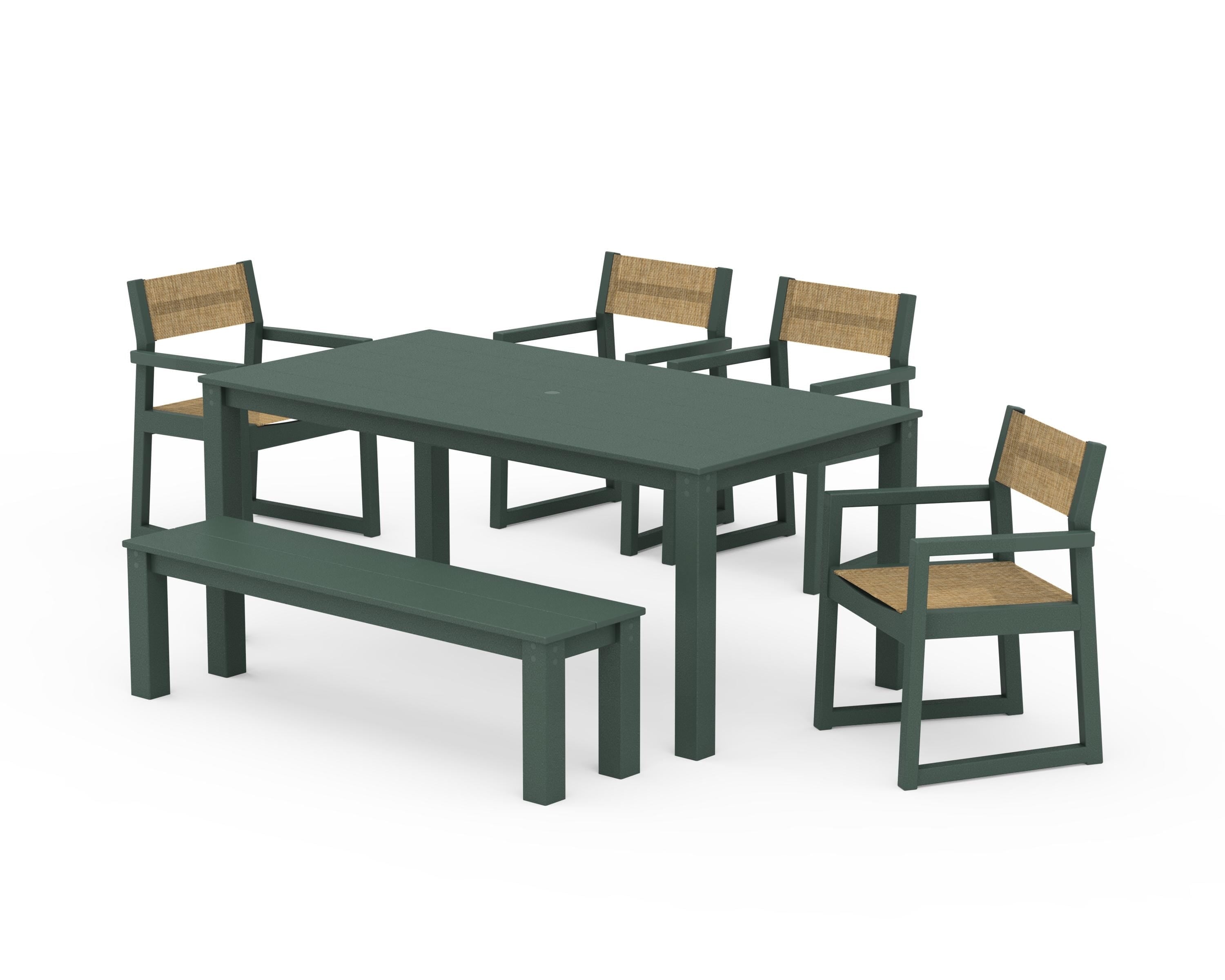 POLYWOOD® EDGE Sling Arm Chair 6-Piece Parsons Dining Set with Bench in Green / Burlap Sling