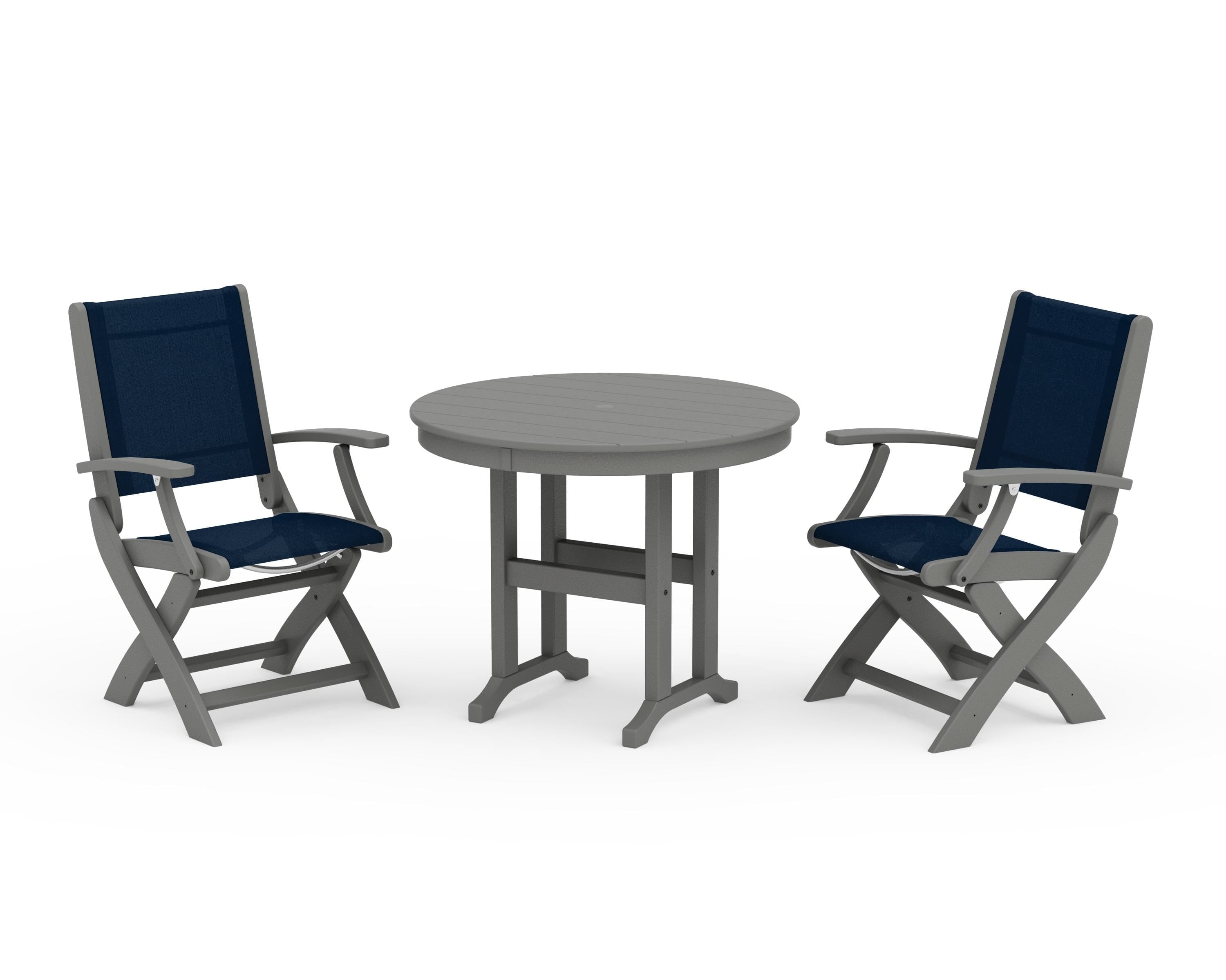 POLYWOOD® Coastal Folding Chair 3-Piece Round Dining Set in Slate Grey / Navy Blue Sling