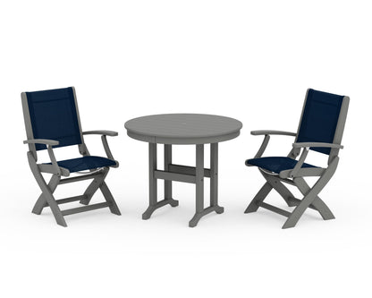 POLYWOOD® Coastal Folding Chair 3-Piece Round Dining Set in Slate Grey / Navy Blue Sling