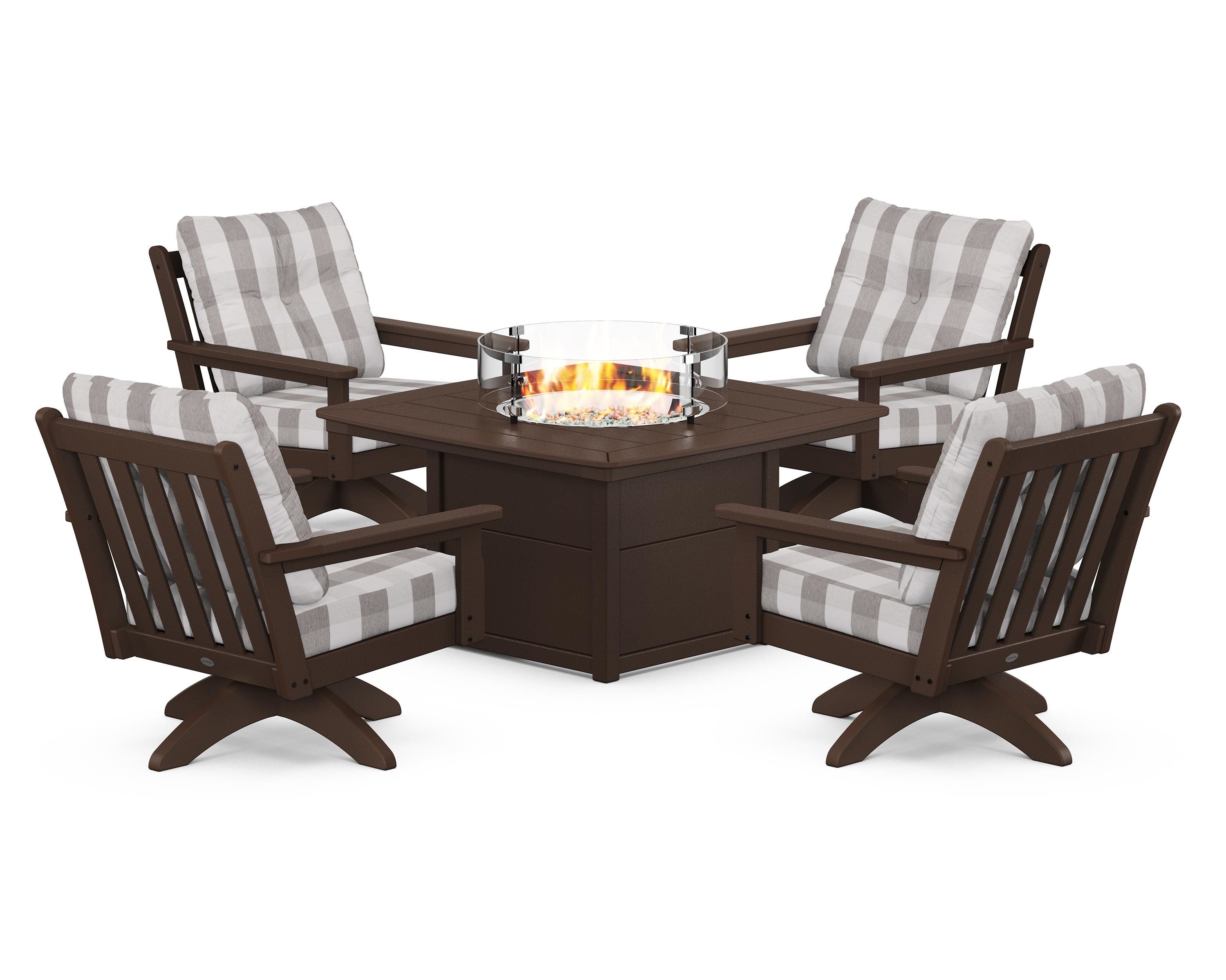 POLYWOOD® Vineyard 5-Piece Deep Seating Swivel Conversation Set with Fire Pit Table in Mahogany / Buffalo Plaid Grey Mist
