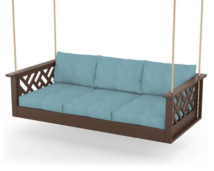 POLYWOOD® Chippendale Daybed Swing in Mahogany / Lattice Sky Blue