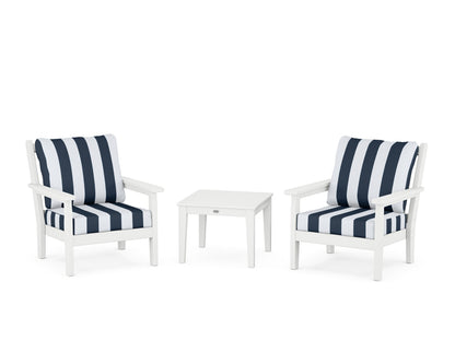 POLYWOOD® Chippendale 3-Piece Deep Seating Set in White / Cabana Stripe Marine Indigo