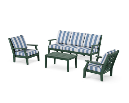 Country Living Wovendale 4-Piece Deep Seating Set with Sofa in Green / Cabana Stripe Sky Blue