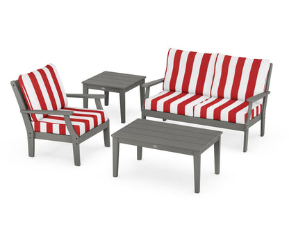 POLYWOOD® Braxton 4-Piece Deep Seating Set in Slate Grey / Cabana Stripe Crimson
