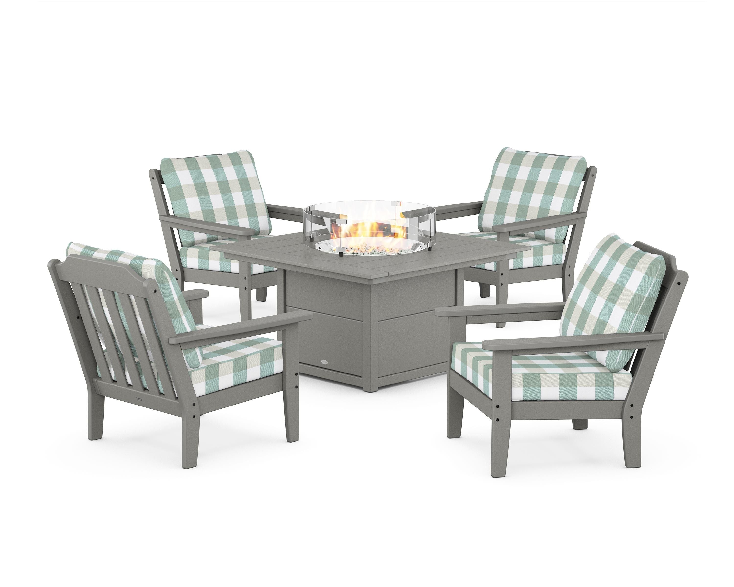 Country Living Cottage 5-Piece Deep Seating Set with Fire Pit Table in Slate Grey / Buffalo Plaid Glacier Spa