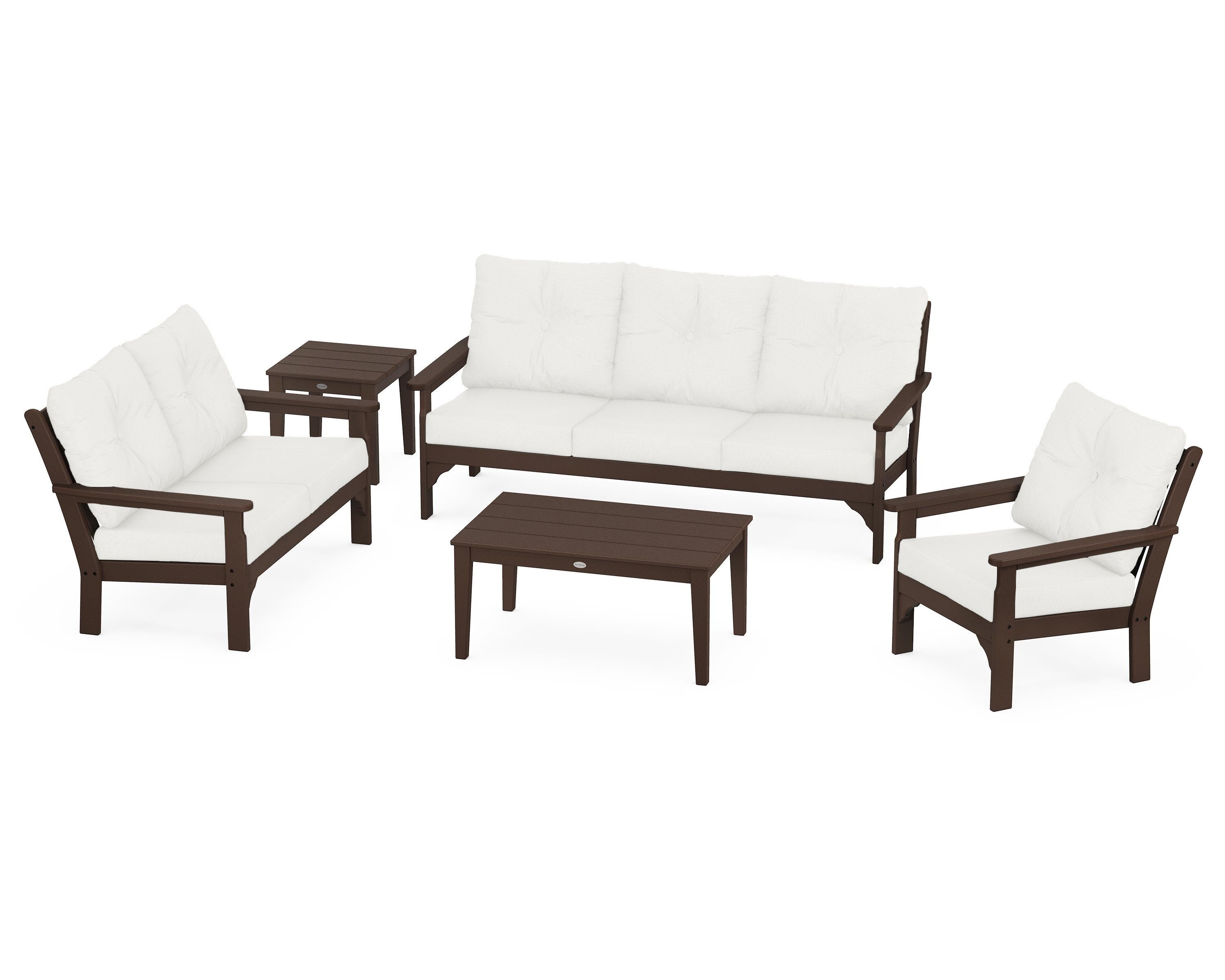 POLYWOOD® Vineyard 5 Piece Deep Seating Set in Mahogany / Natural Linen