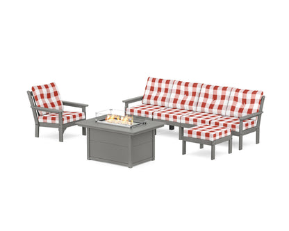 POLYWOOD® Vineyard Sectional Lounge and Fire Pit Set in Slate Grey / Buffalo Plaid Crimson