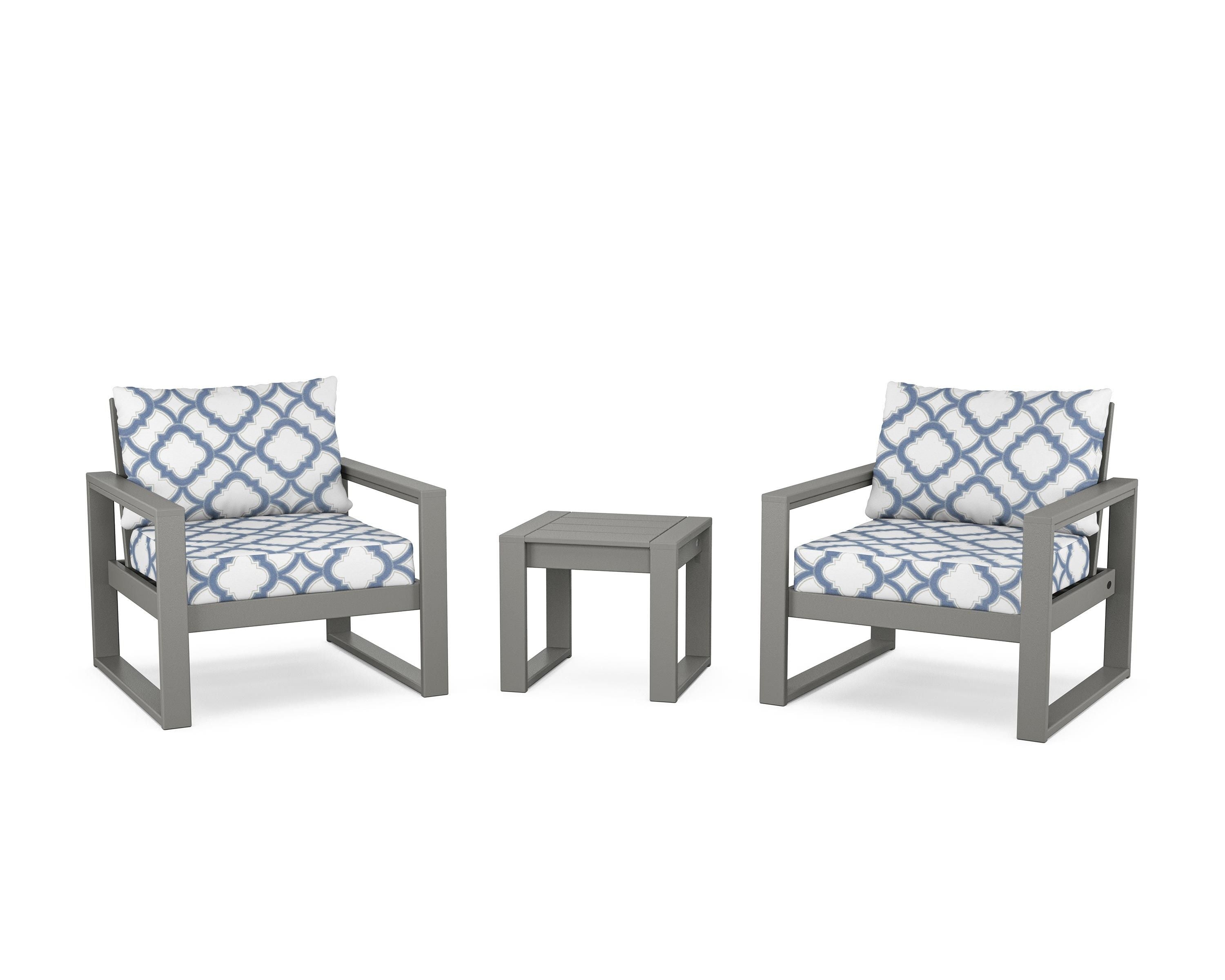 POLYWOOD® EDGE Sectional 3-Piece Deep Seating Set in Slate Grey / Trellis Sky Blue