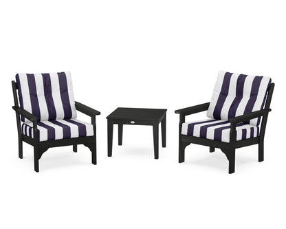 POLYWOOD® Vineyard 3-Piece Deep Seating Set in Black / Cabana Stripe Navy