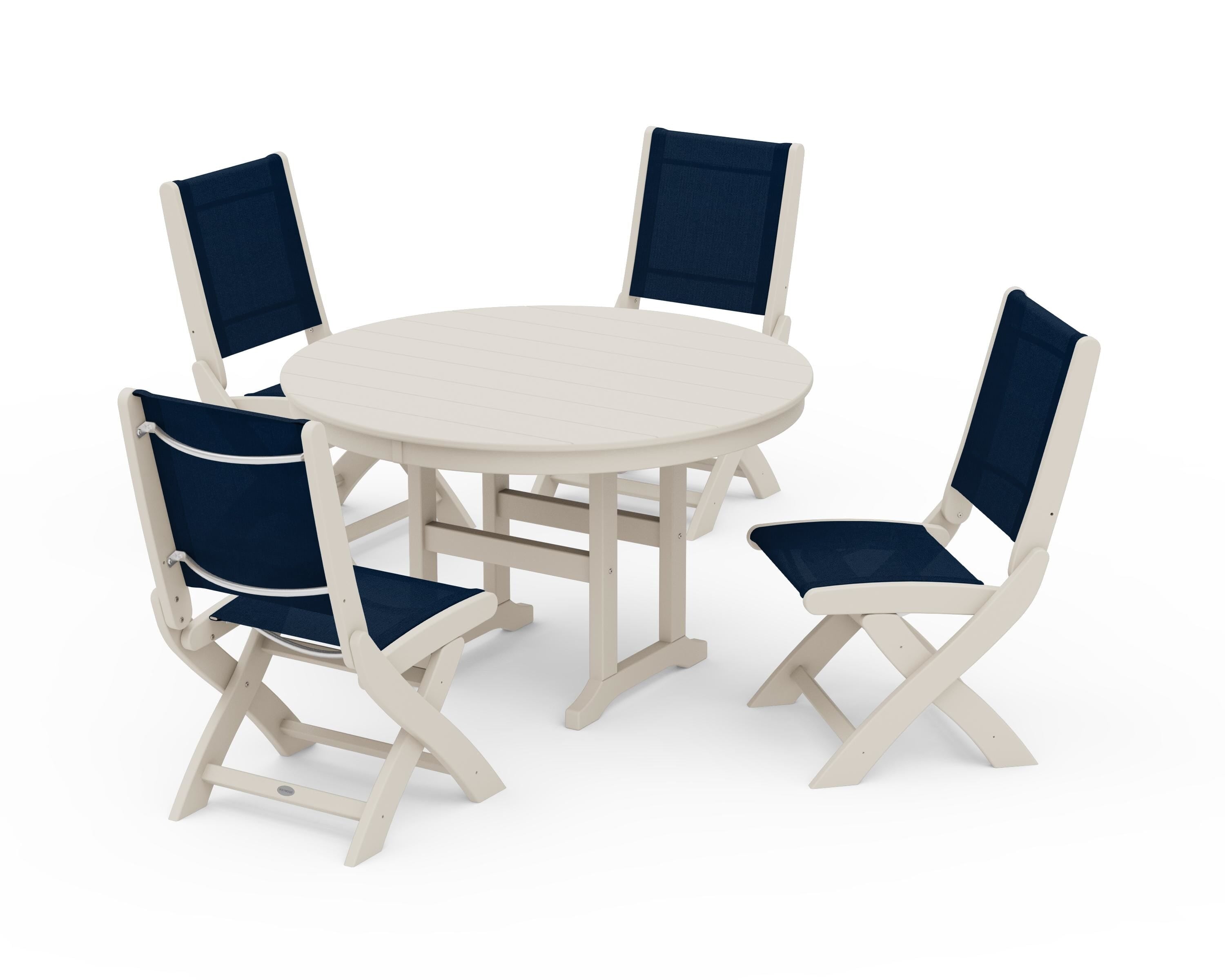 POLYWOOD® Coastal Folding Side Chair 5-Piece Round Dining Set in Sand / Navy Blue Sling