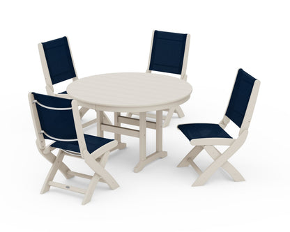 POLYWOOD® Coastal Folding Side Chair 5-Piece Round Dining Set in Sand / Navy Blue Sling