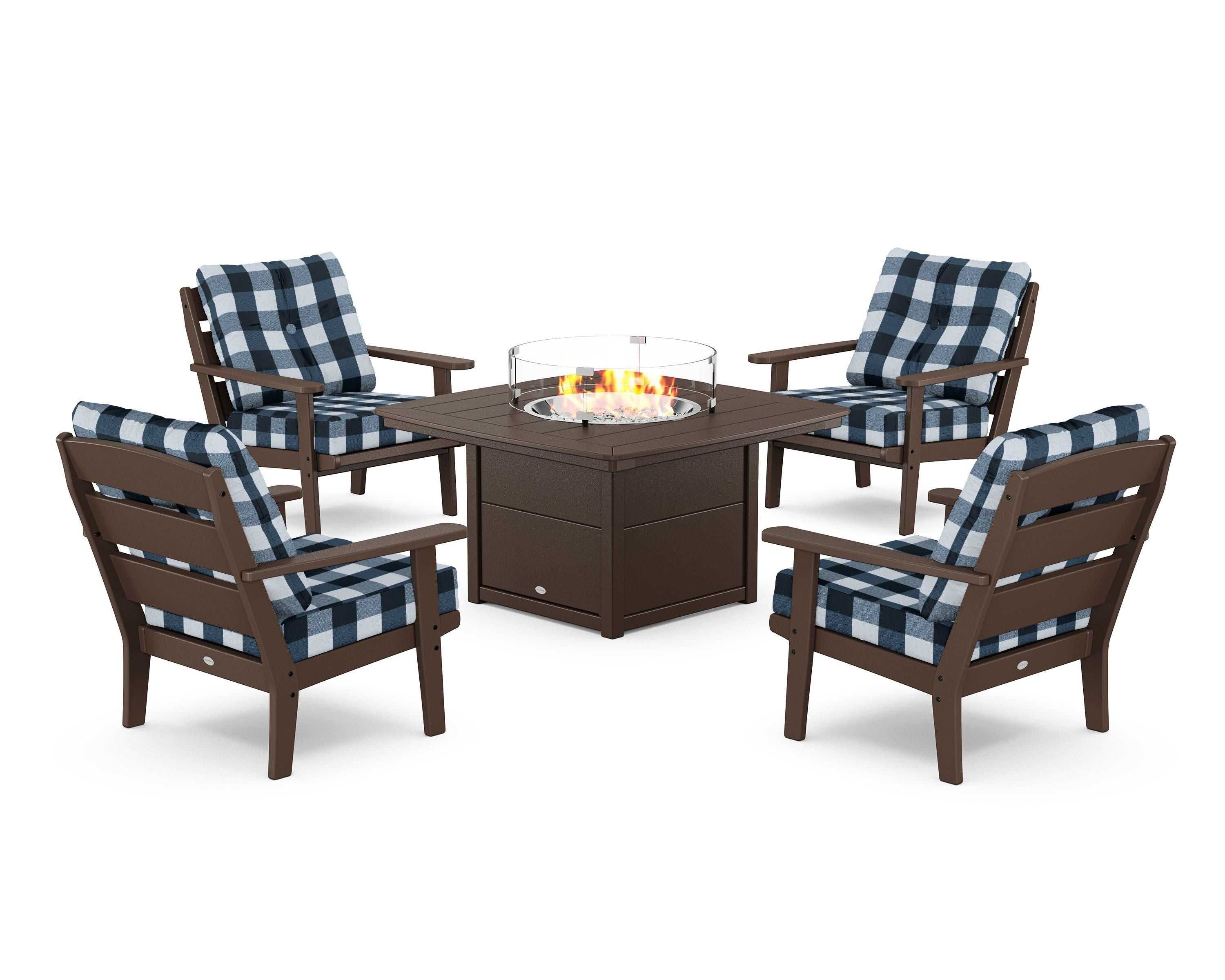 POLYWOOD® Lakeside 5-Piece Deep Seating Set with Nautical Fire Pit Table in Mahogany / Buffalo Plaid Marine Indigo