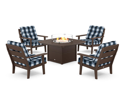 POLYWOOD® Lakeside 5-Piece Deep Seating Set with Nautical Fire Pit Table in Mahogany / Buffalo Plaid Marine Indigo