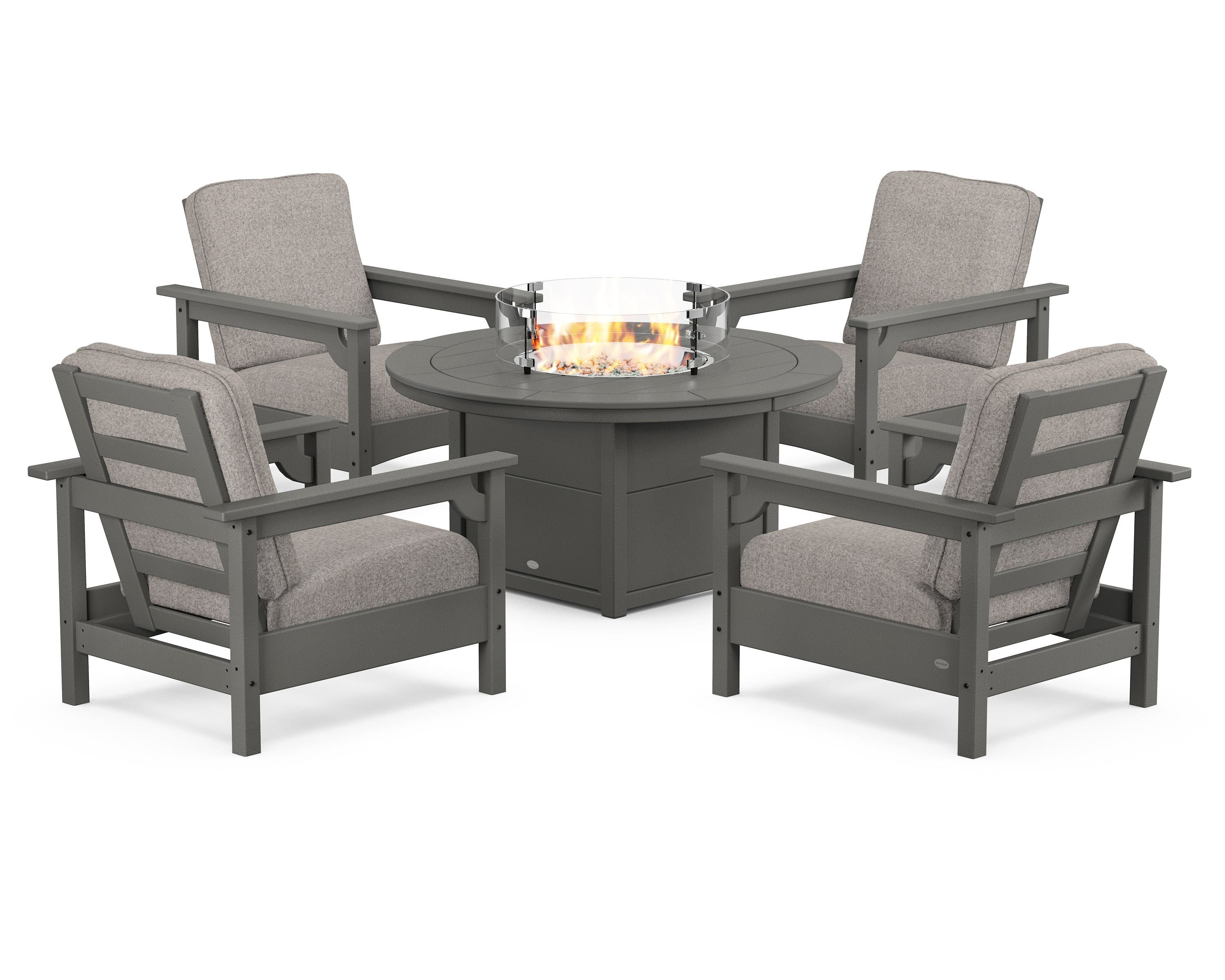POLYWOOD® Club 5-Piece Conversation Set with Fire Pit Table in Slate Grey / Weathered Tweed