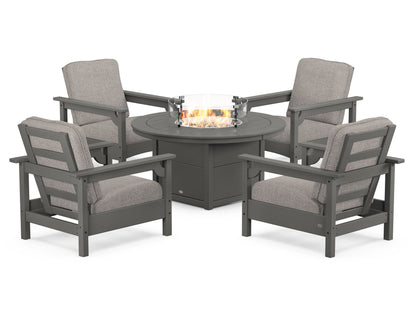 POLYWOOD® Club 5-Piece Conversation Set with Fire Pit Table in Slate Grey / Weathered Tweed