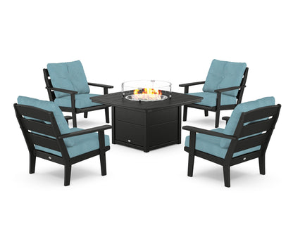 POLYWOOD® Lakeside 5-Piece Deep Seating Set with Nautical Fire Pit Table in Black / Lattice Sky Blue