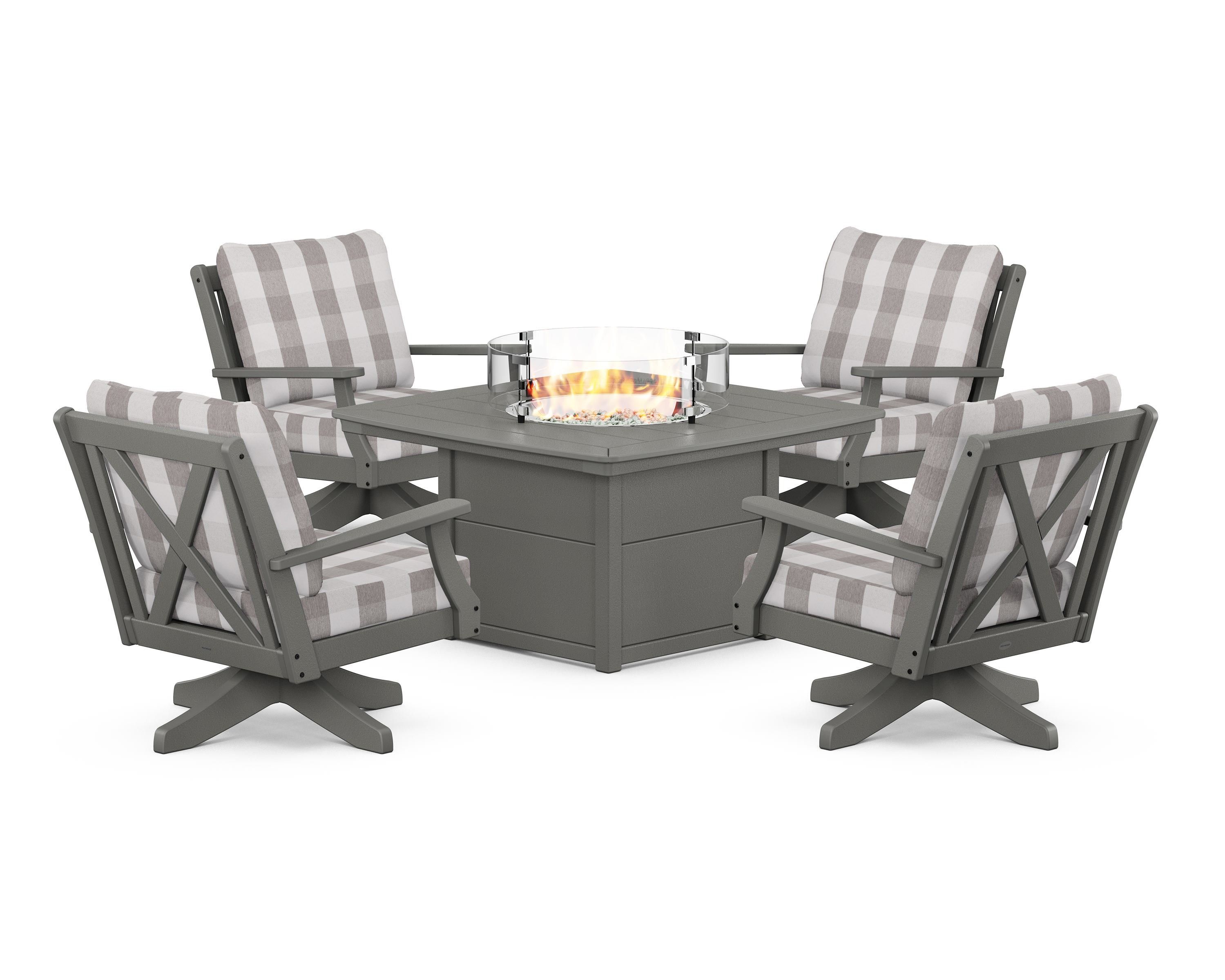 POLYWOOD® Braxton 5-Piece Deep Seating Swivel Conversation Set with Fire Pit Table in Slate Grey / Buffalo Plaid Grey Mist